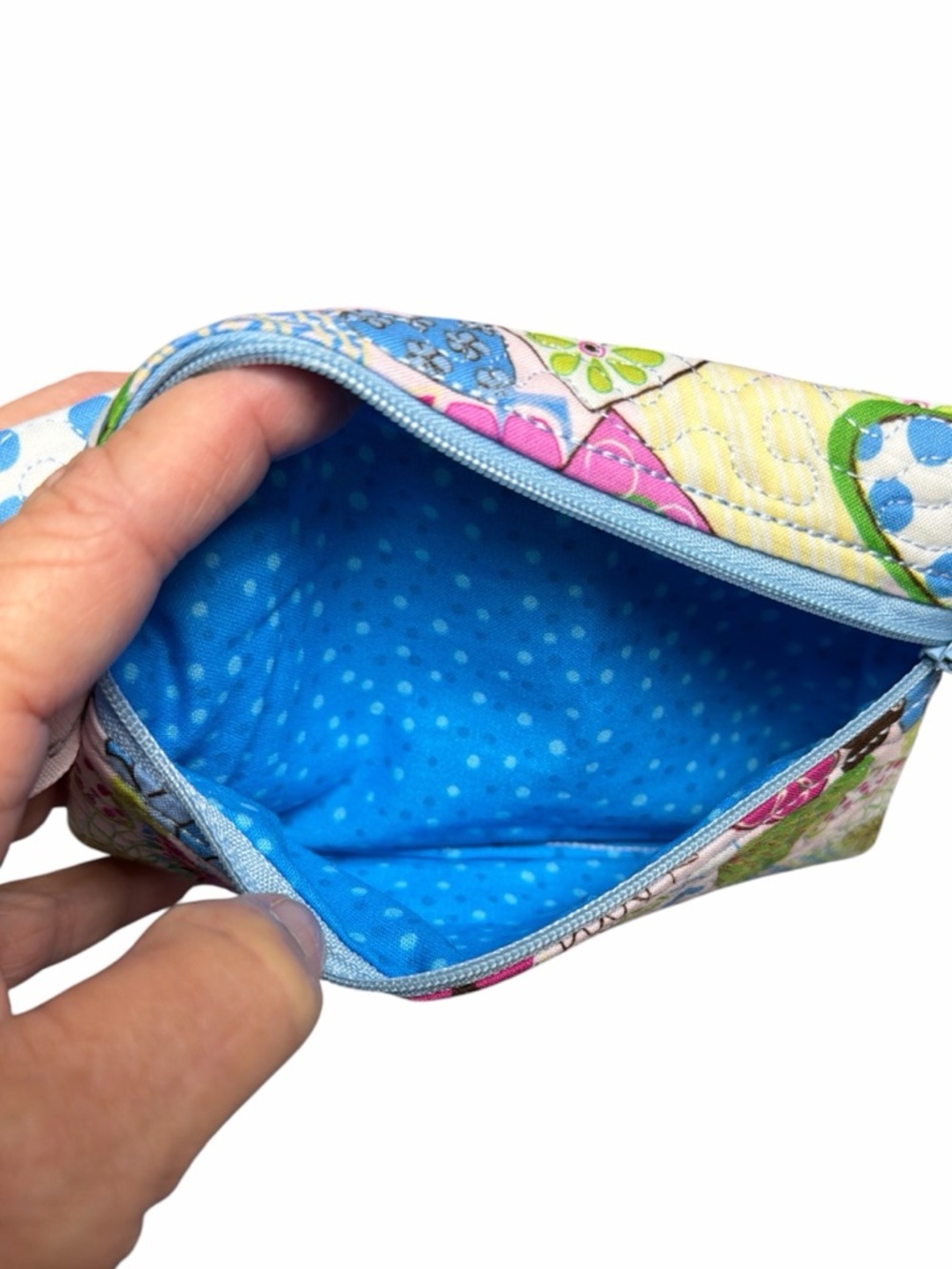 Hand Crafted Zipper Pouch Hearts Blue Pink and Green Zipper Wallet - Picture 9 of 11